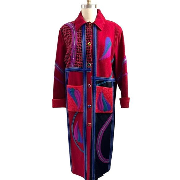 VTG Coloratura Red Wool Patchwork Maxi Coat Artsy Boho Avant Garde 80s 90s M - Picture 4 of 10
